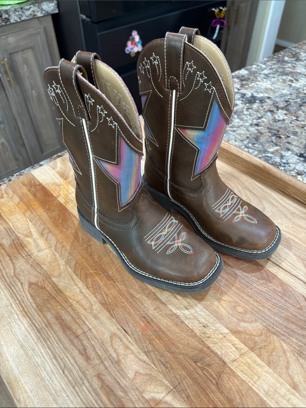 Shyanne Brown Kids Western Boots with Rainbow Star Panel